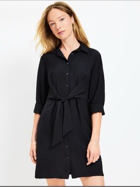 LOFT Black Dahlia Tie Front Mini Shirtdress | Minimalist Corporate Casual | 10P